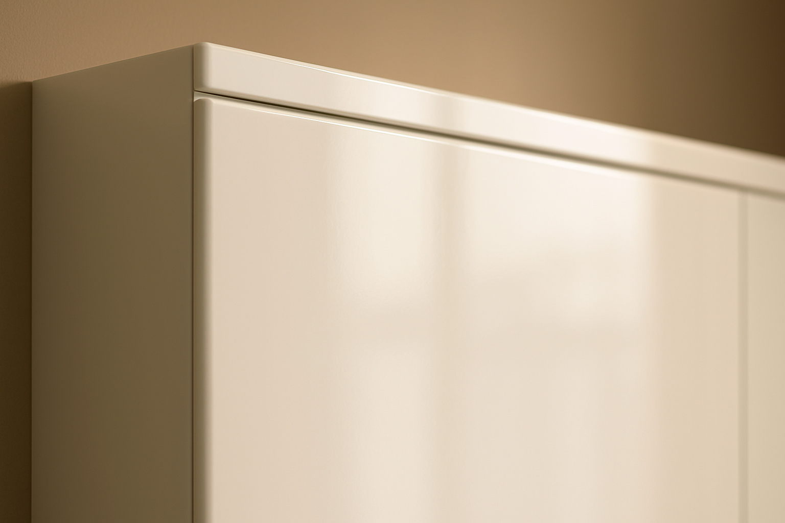 Close-up of durable kitchen finishes on a modern white cabinet door