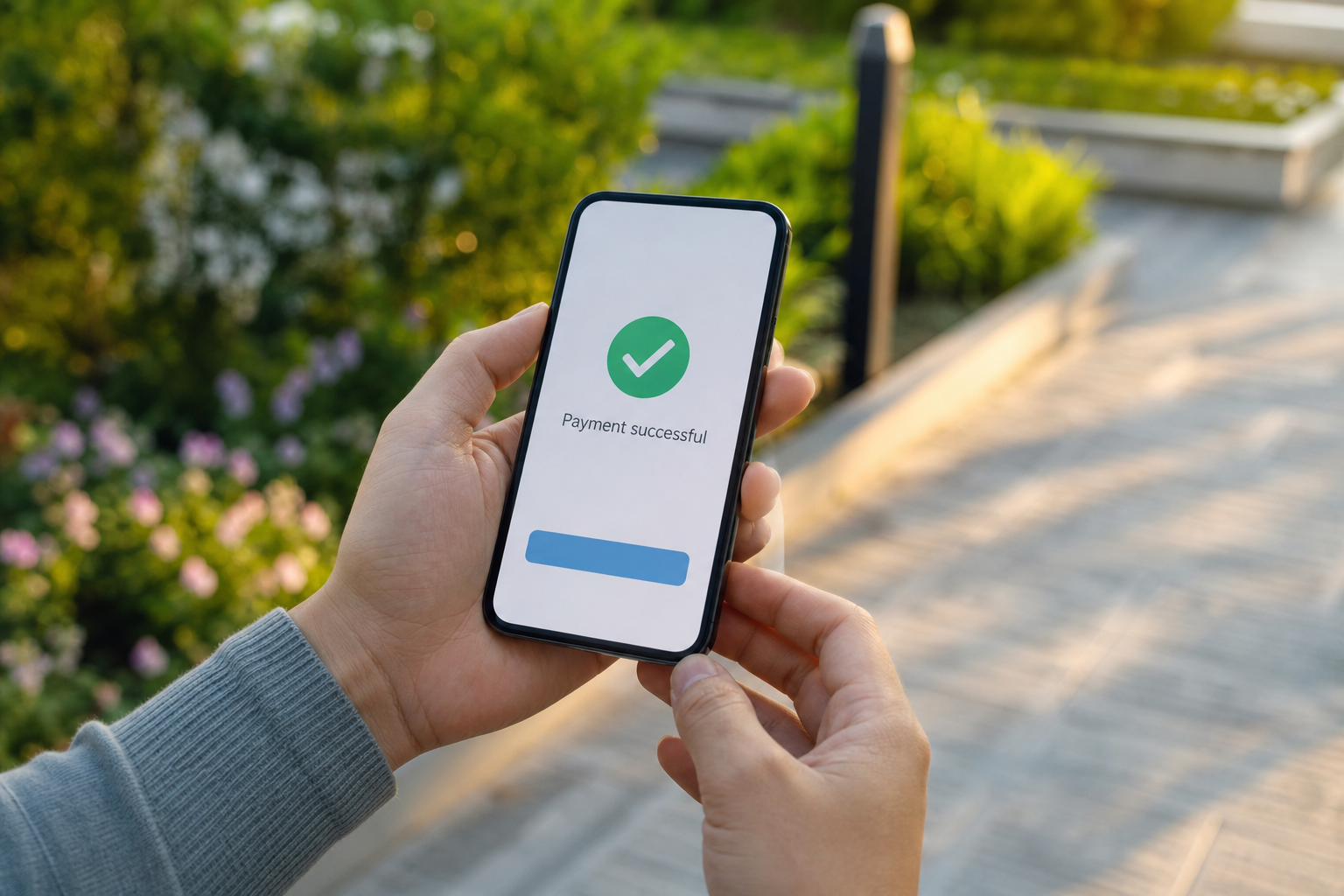 Customer paying an invoice online from a mobile phone after landscaping work is completed