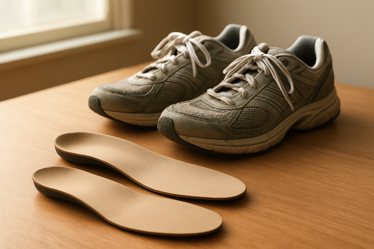 Custom orthotics for active lifestyles placed next to athletic running shoes