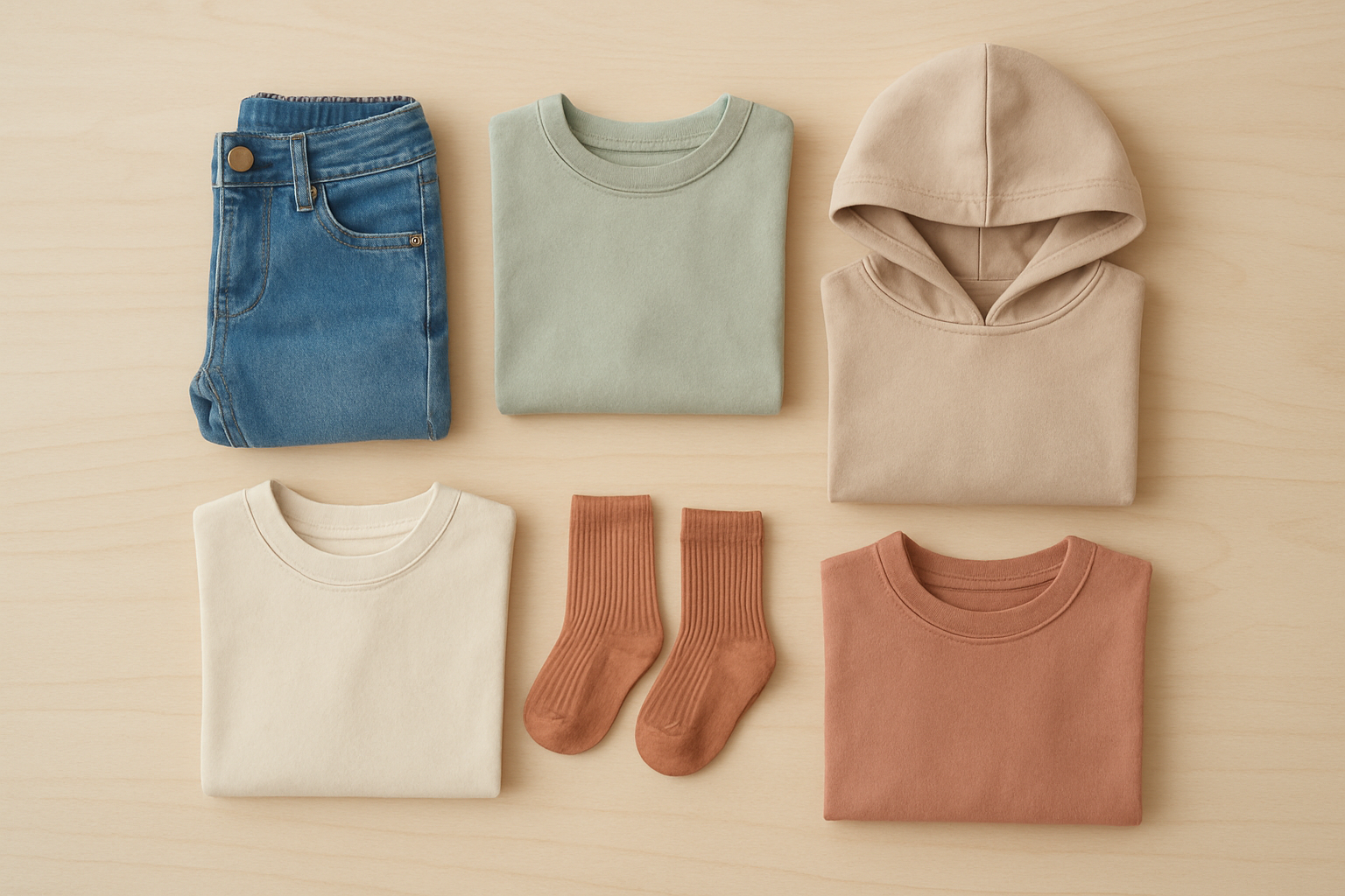 Flat lay of a curated capsule wardrobe of children's clothing items in neutral and pastel colors