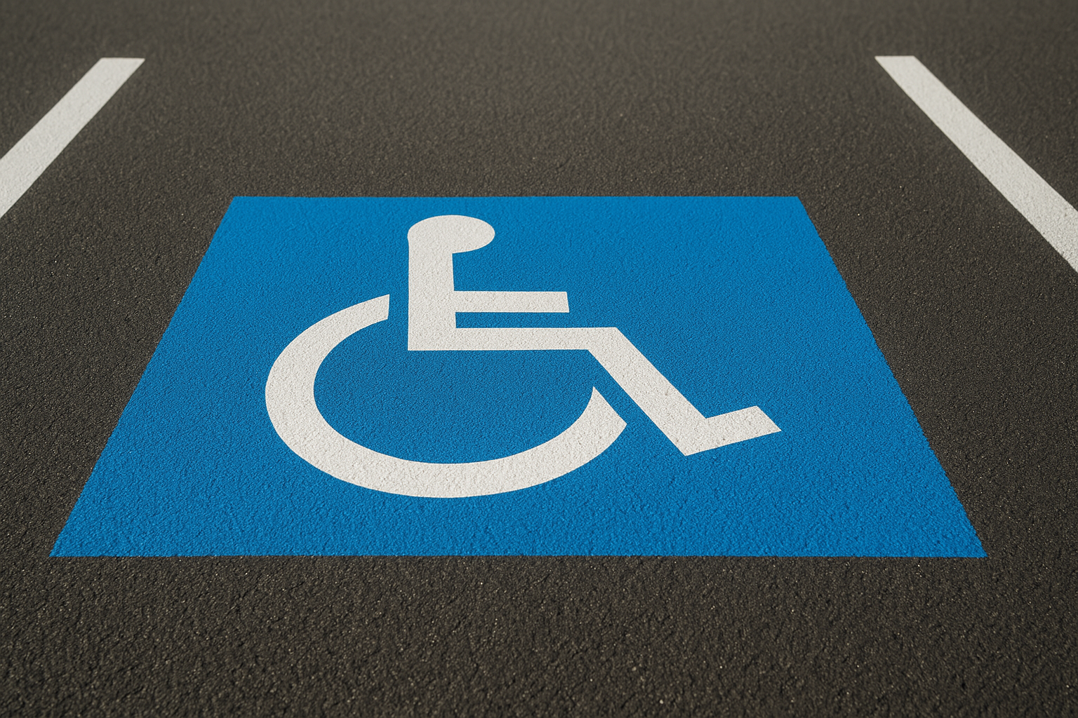 Freshly painted ADA handicap accessibility symbol on parking lot striping surface, viewed from above