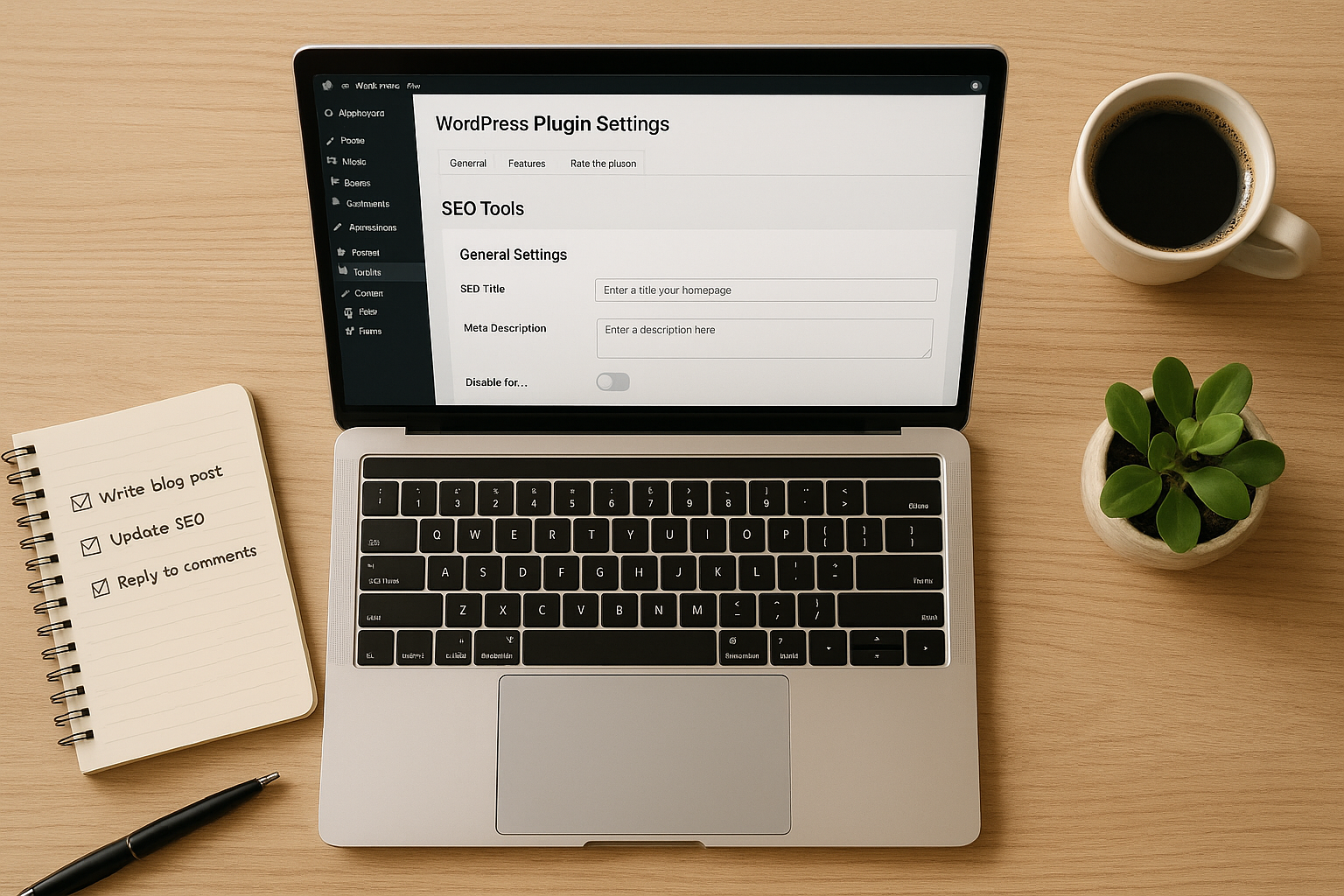 WordPress plugin settings screen for configuring automated SEO tools on a laptop at a tidy desk
