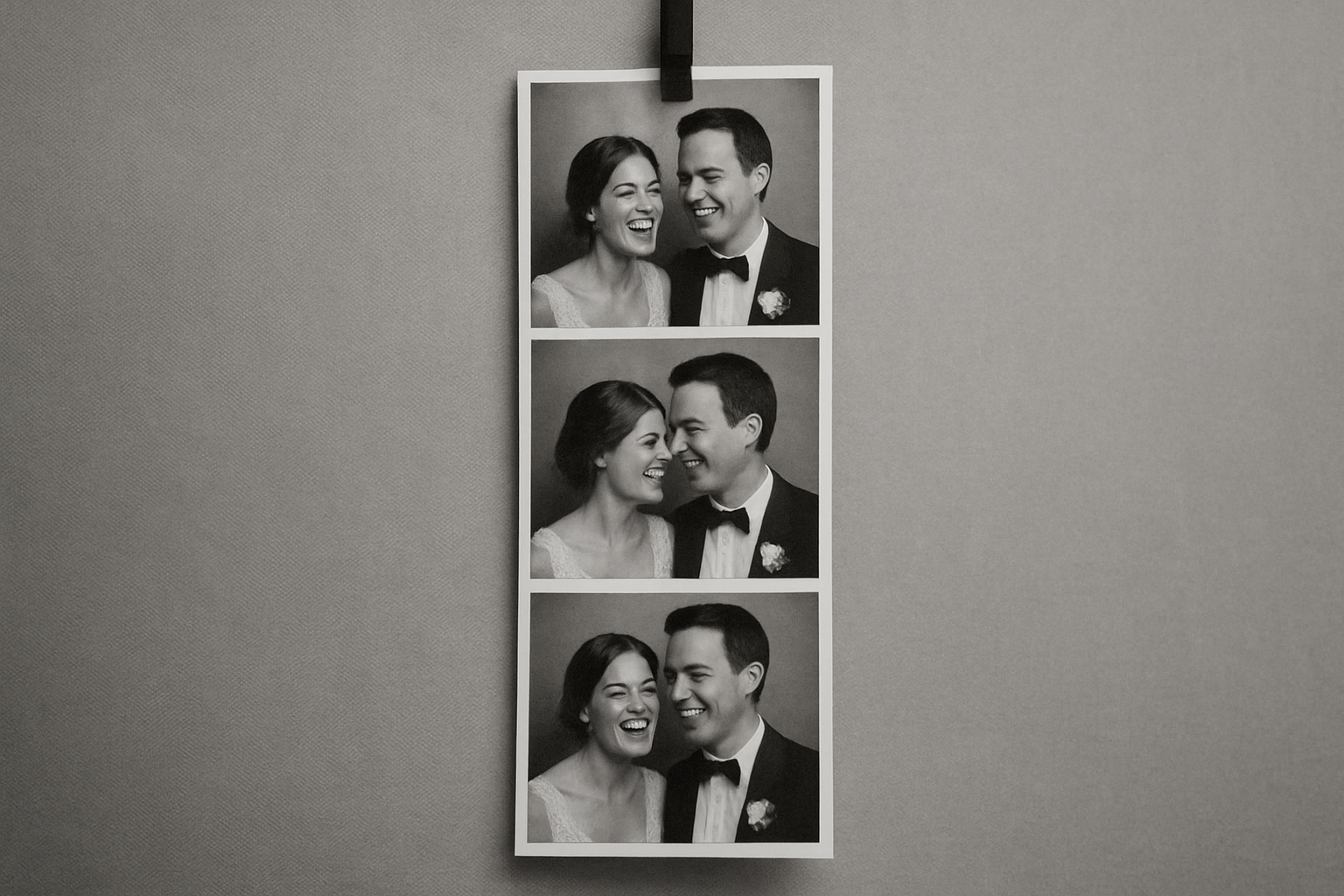 Black and white wedding photo strip from a photo booth showing a bride and groom laughing
