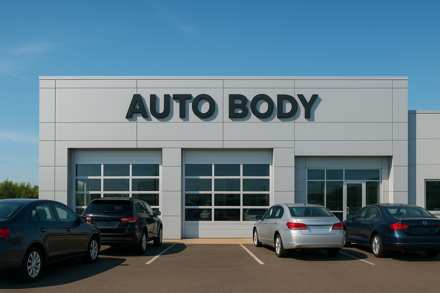 Exterior of a modern auto body repair facility in a suburban setting