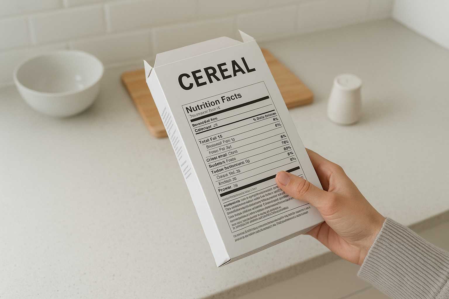 Hand reading a cereal ingredient label to check for whole grains and added sugar