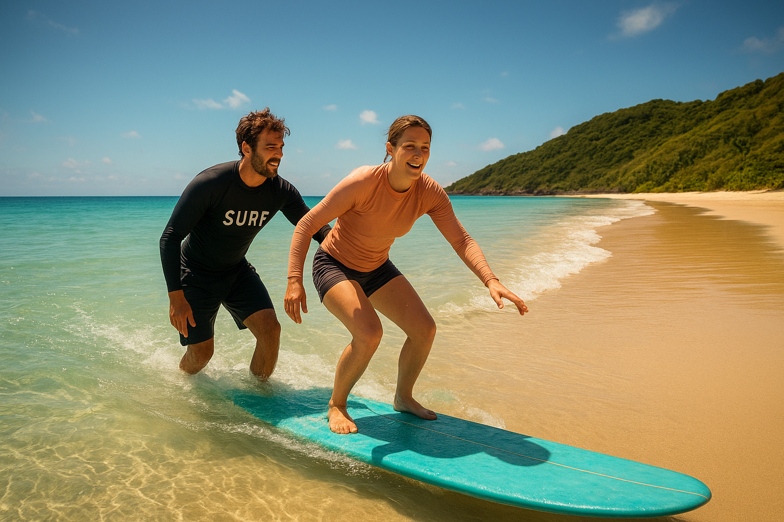 Surf instructor teaching a beginner student at the best surf school in Waikiki Beach