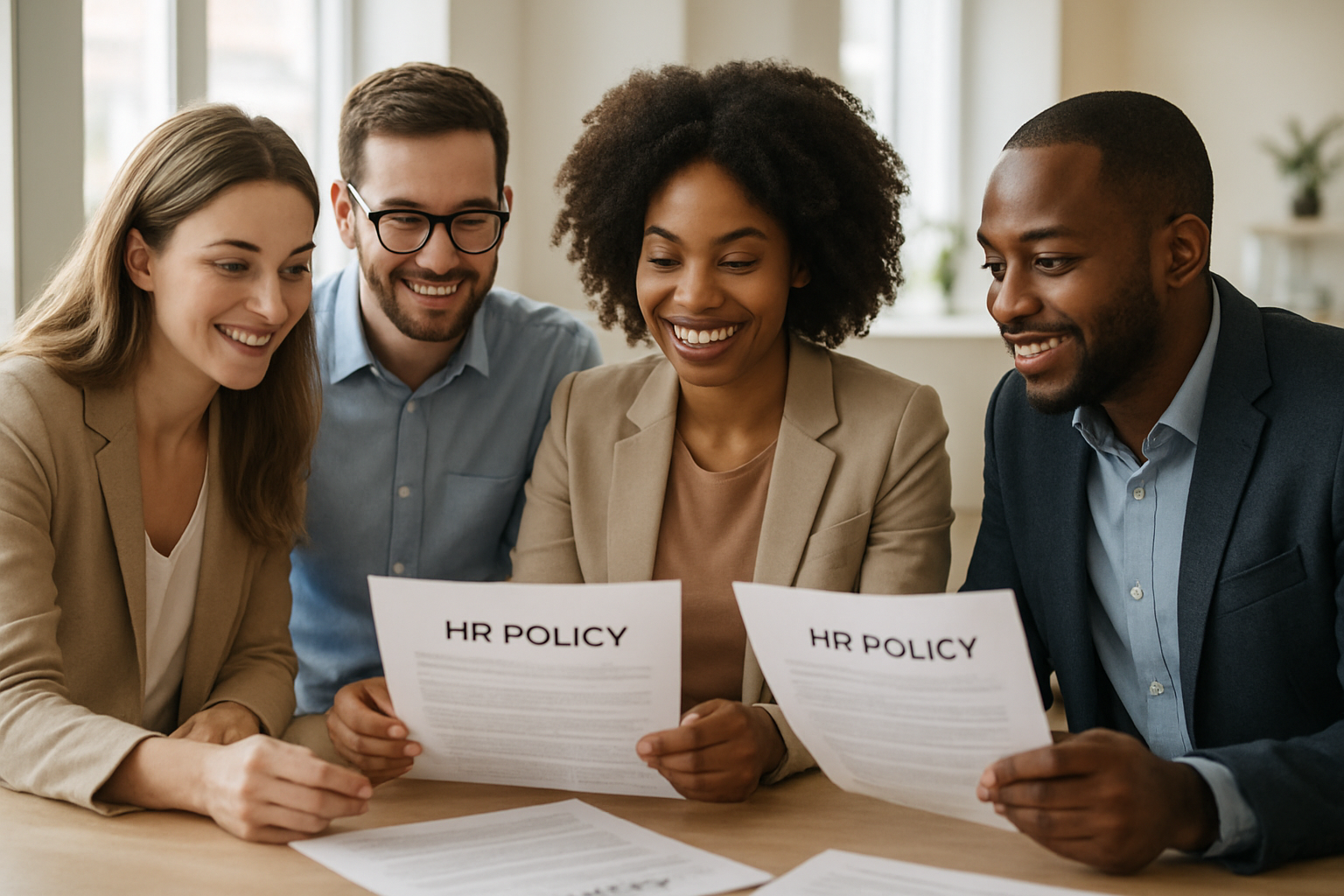 Team reviewing company HR policies during a workplace meeting