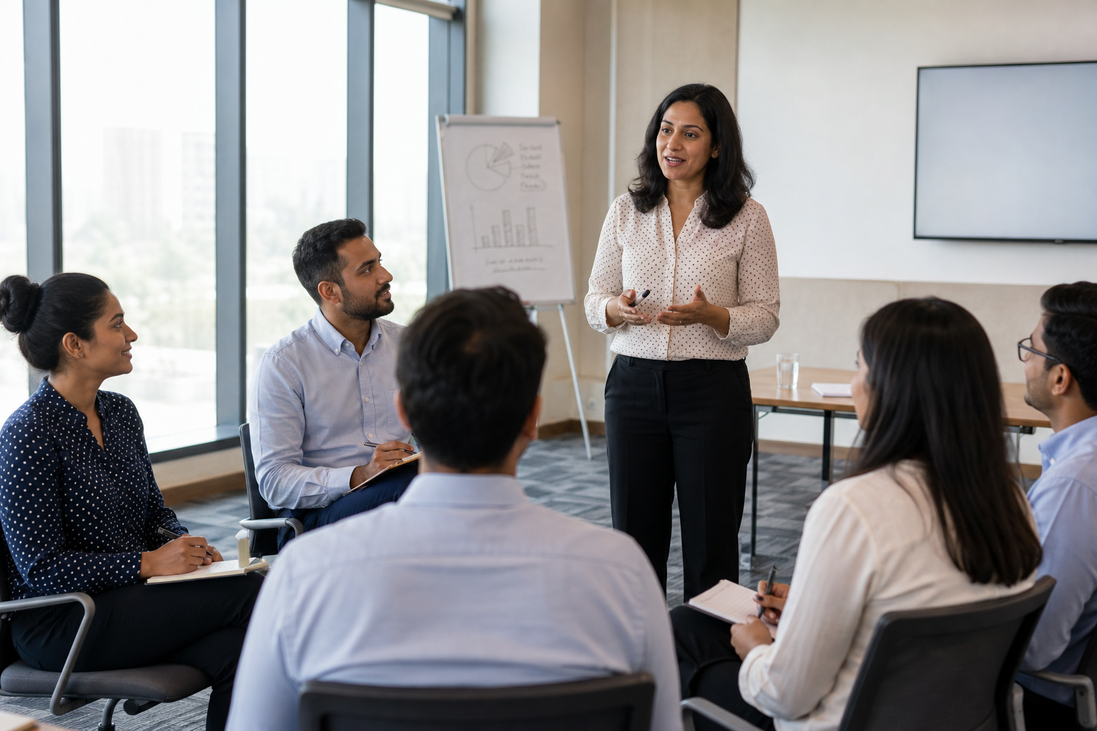 HR trainer leading a performance and feedback workshop for mid-sized company employees