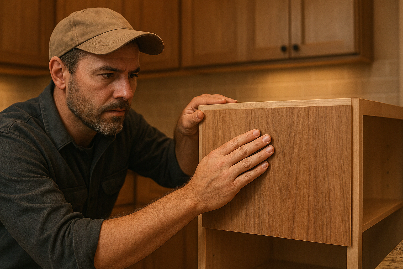 Professional cabinet refacing contractor applying veneer to kitchen cabinet frames near me