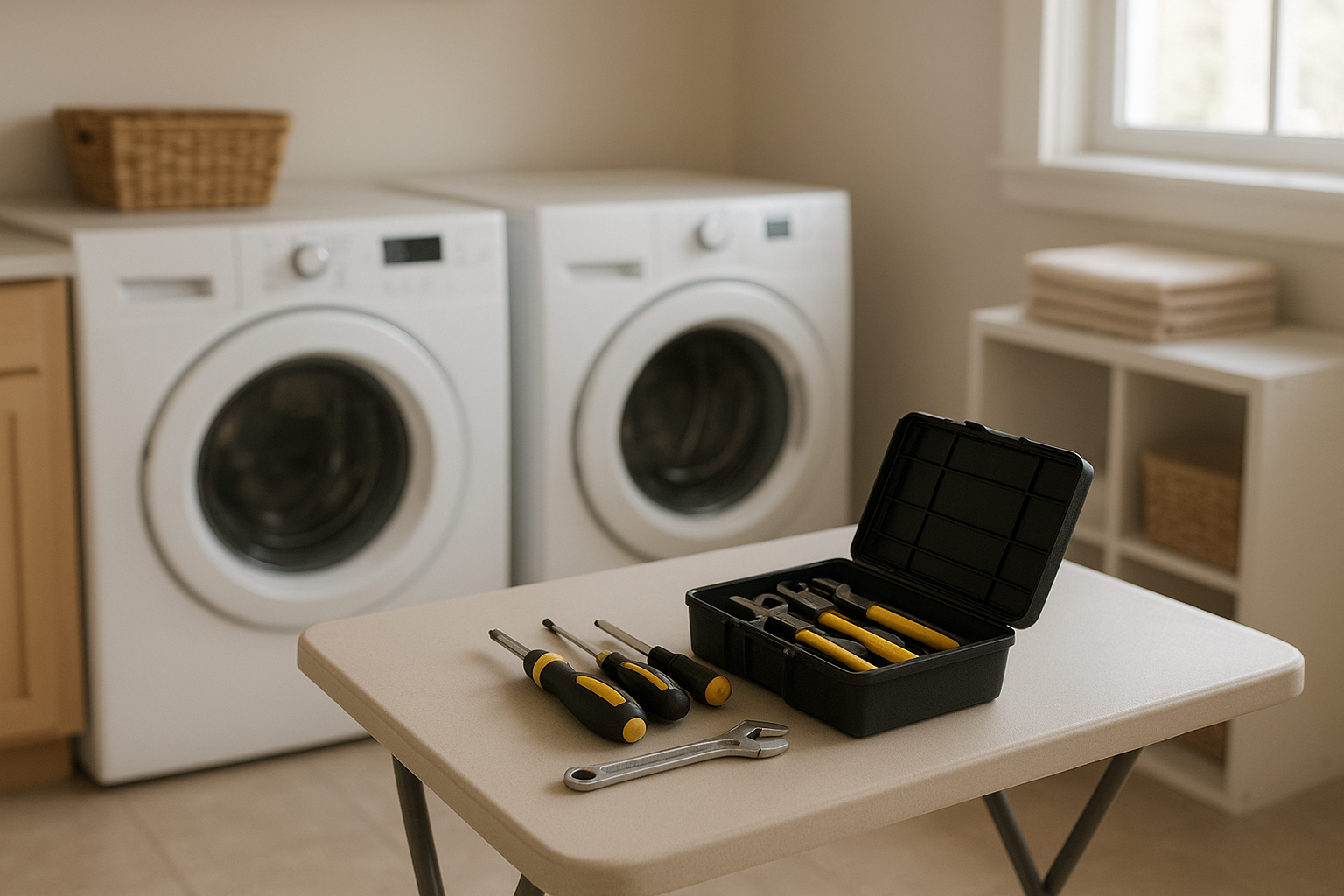 Home laundry room prepared for a scheduled washer and dryer repair visit