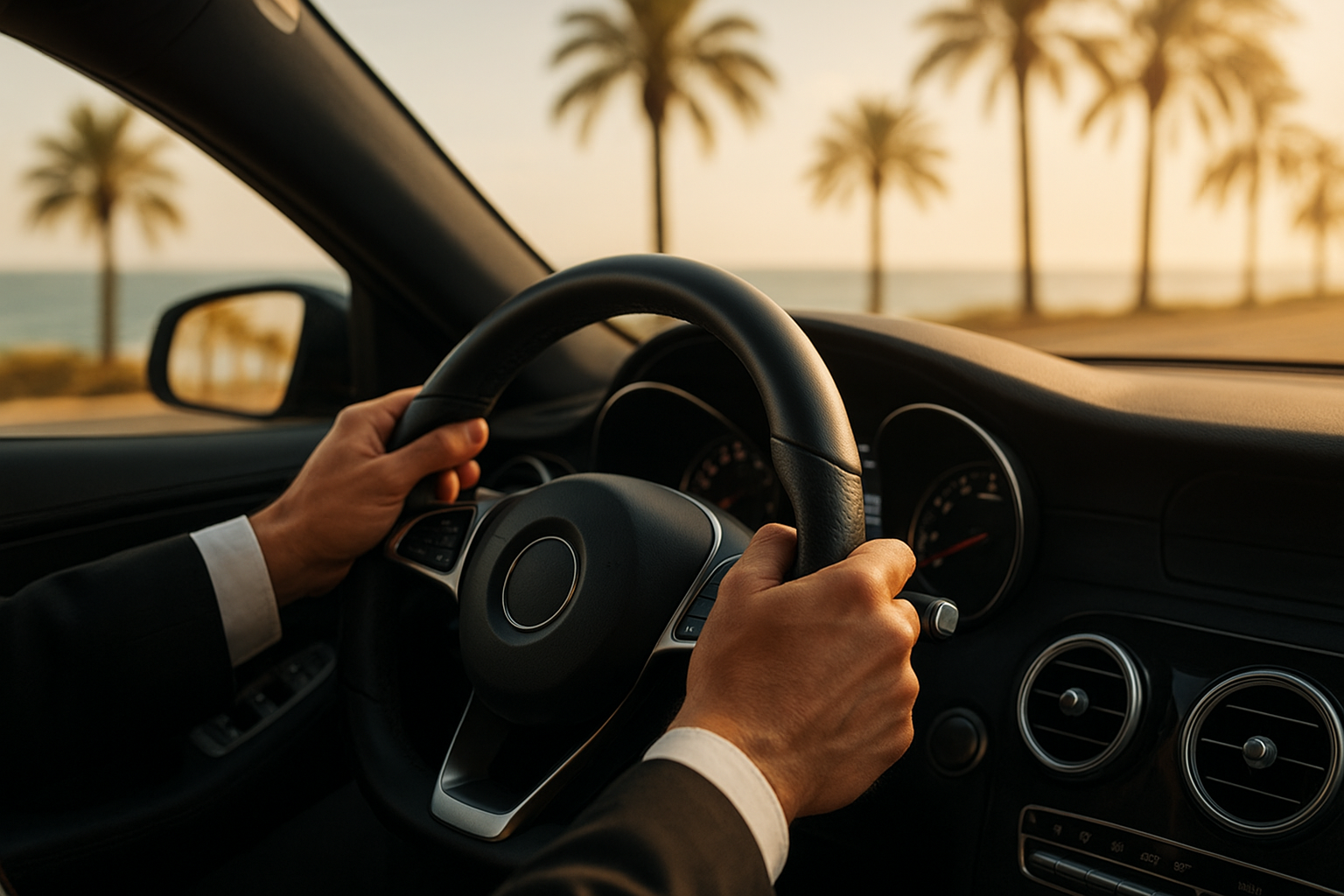 Professional chauffeur driving a private car service route between San Diego and Santa Barbara