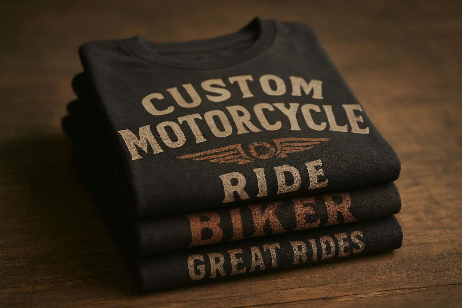 Folded stack of bold vintage-style graphic tees for motorcycle enthusiasts
