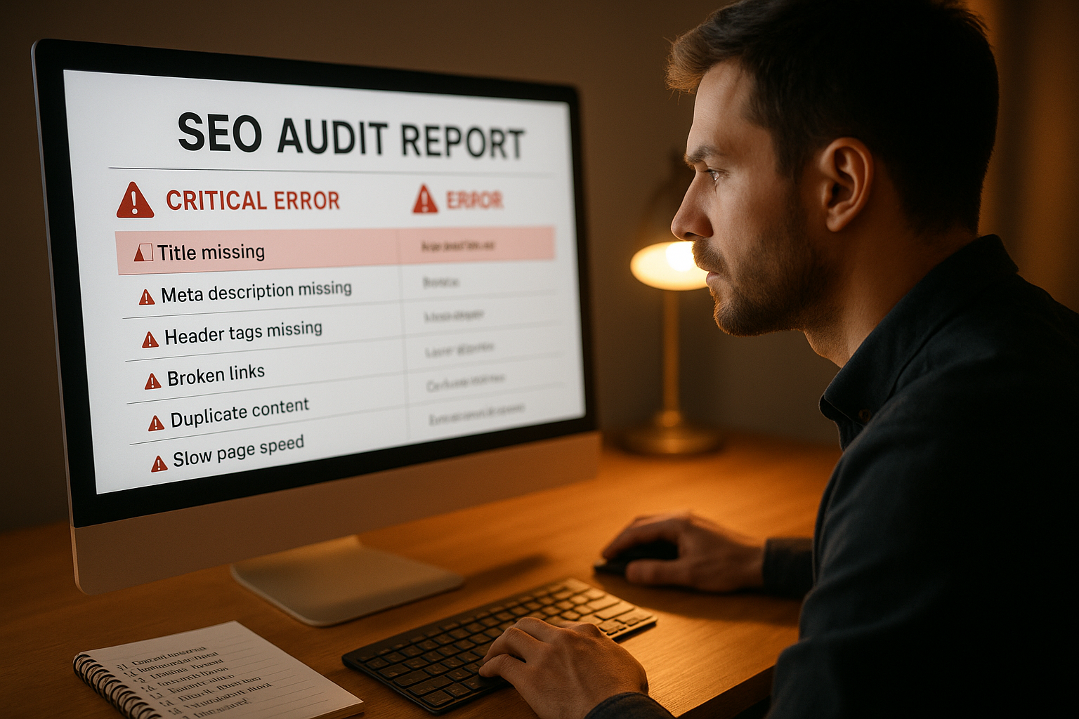 Marketer reviewing technical SEO audit results from an optimisation tool