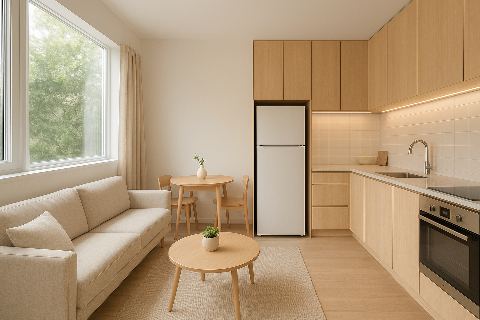 Bright compact kitchen and living area inside a granny flat style in-law unit