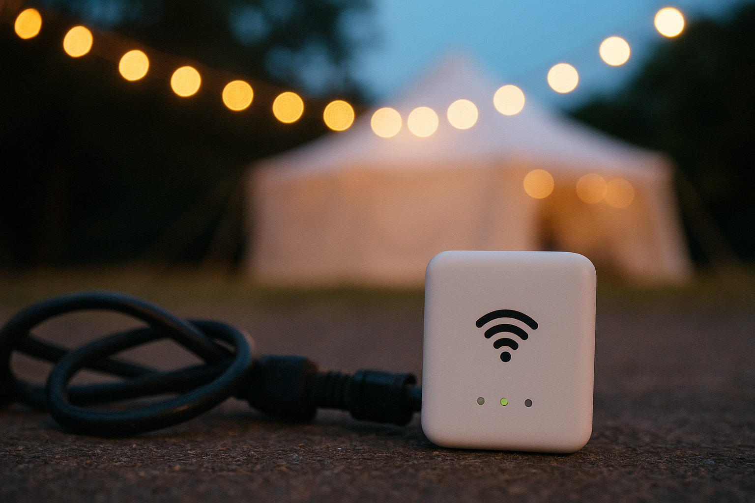 Dedicated Wi-Fi router set up next to a photo booth power connection at an outdoor event