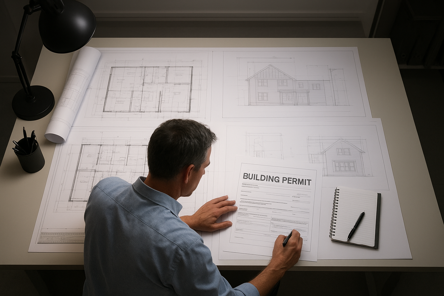 Architect reviewing ADU blueprints and building permit documents on a drafting table