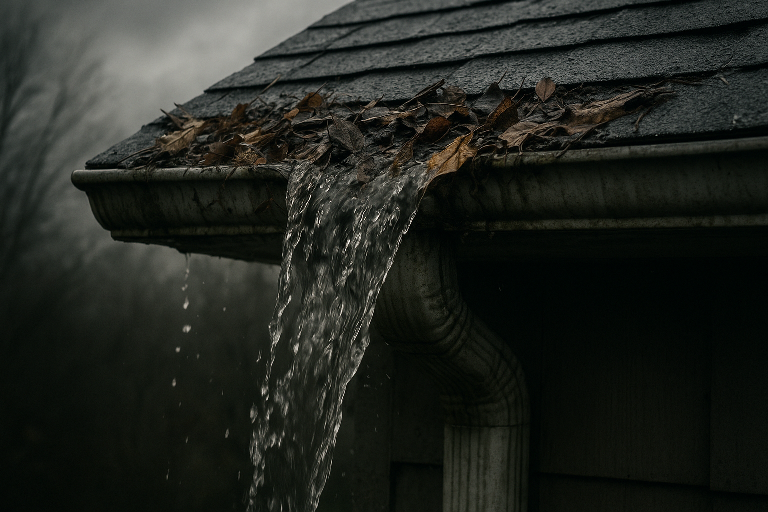 Clogged gutter corner causing water overflow near a residential downspout