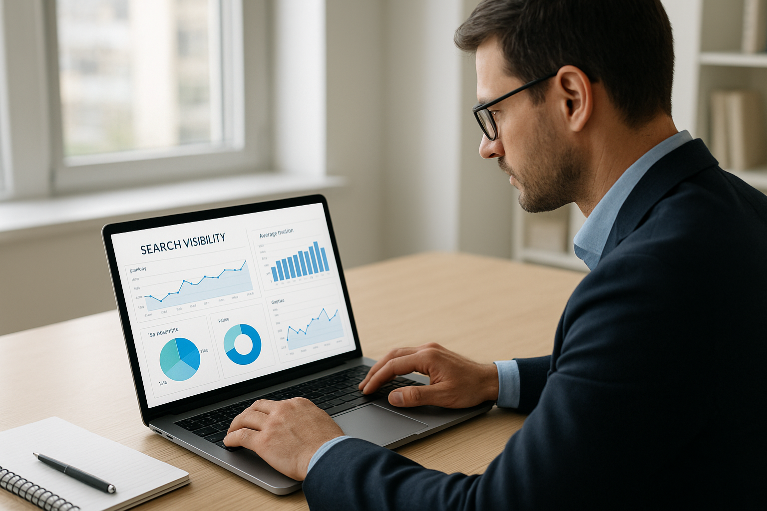 Business owner reviewing AI visibility metrics on a laptop dashboard