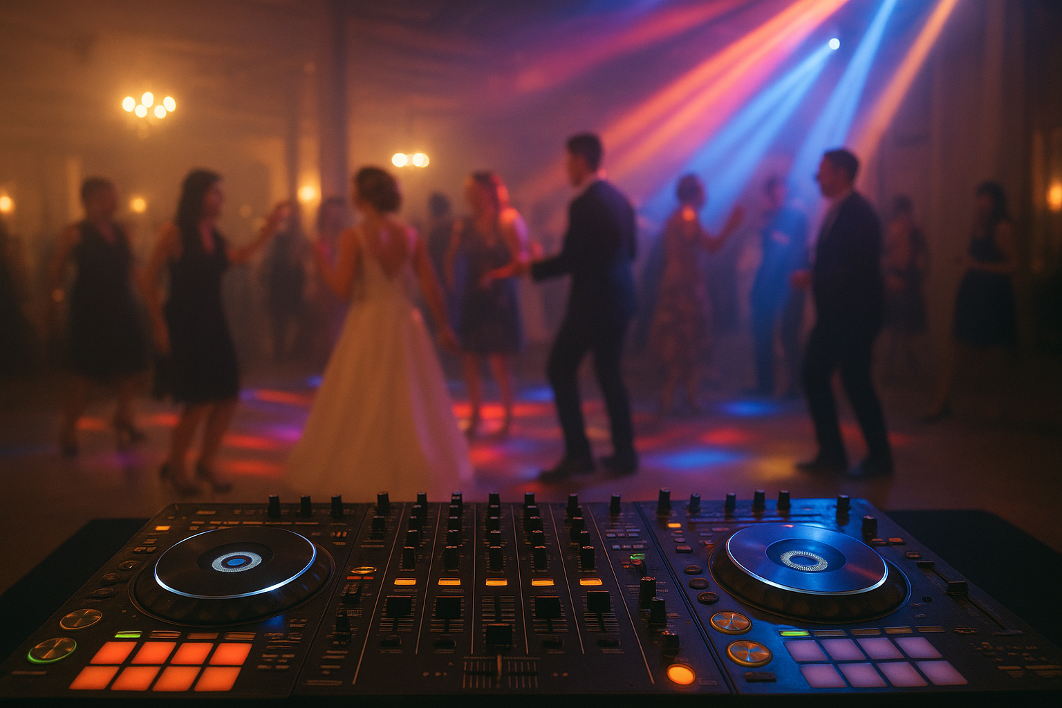 DJ booth and dance floor lighting as part of wedding audio visual services during a reception