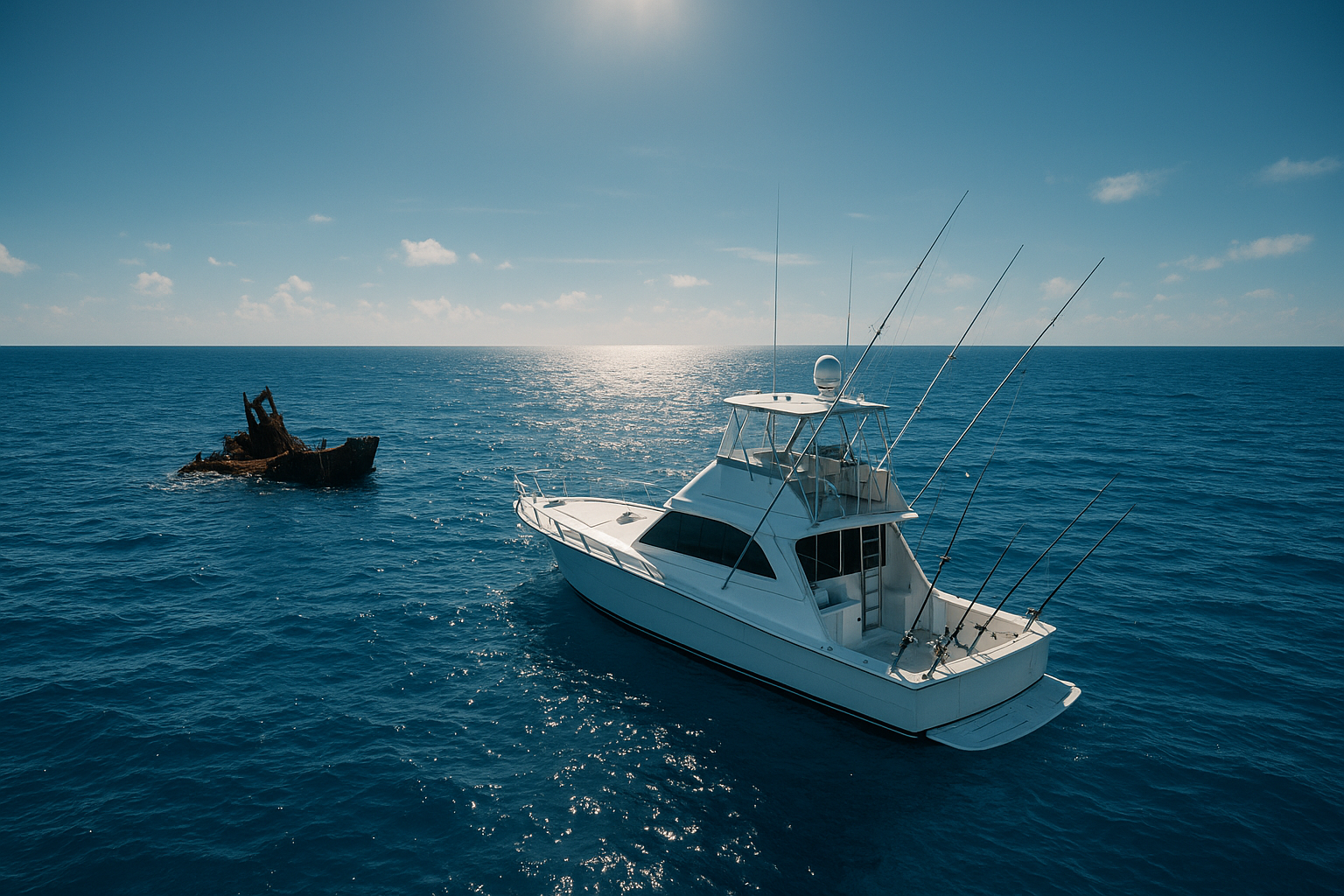Offshore fishing boat working a wreck site during a Gulf Stream deep sea fishing trip
