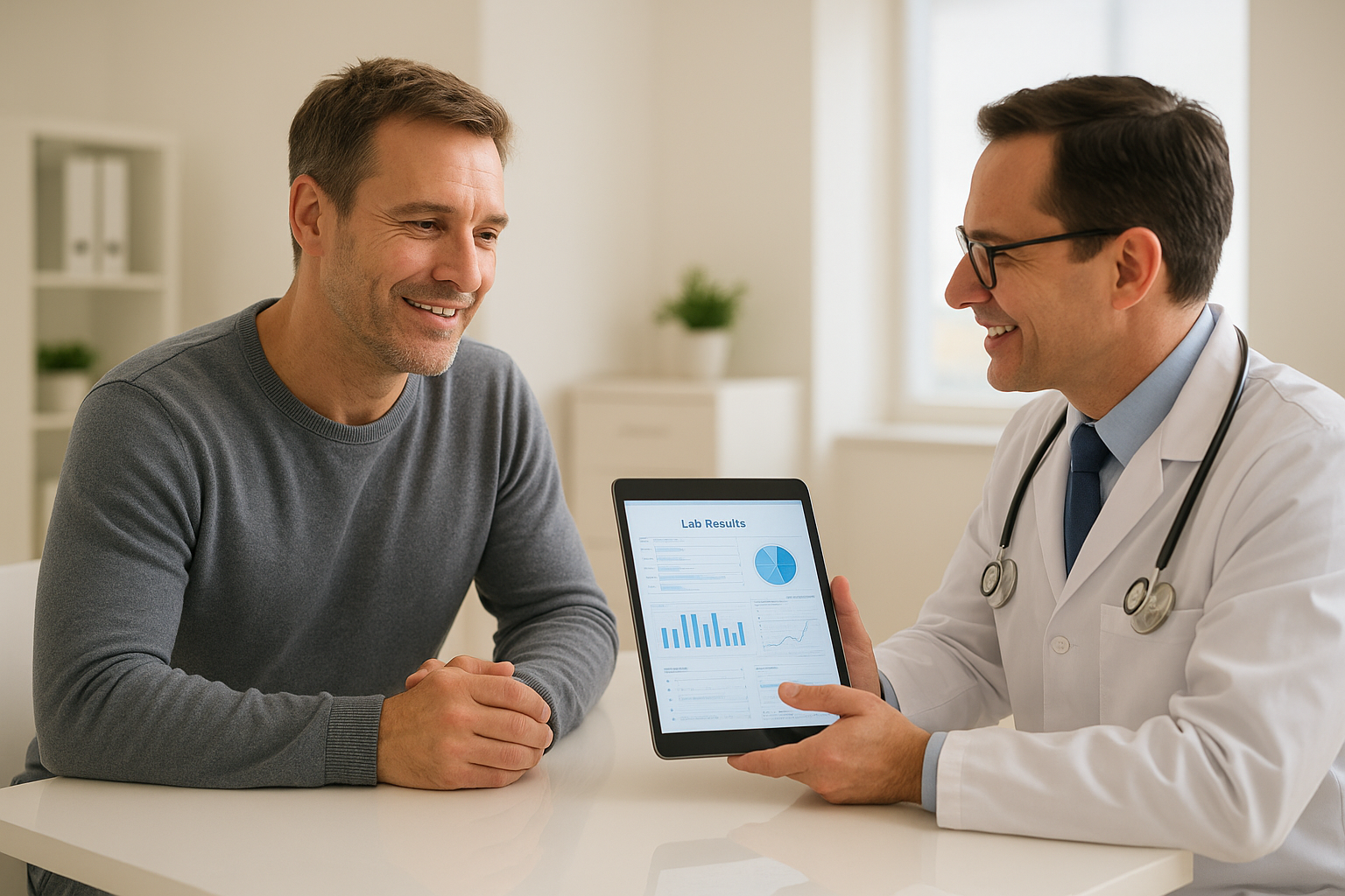 Physician reviewing hormone lab results with a male patient to discuss testosterone therapy options