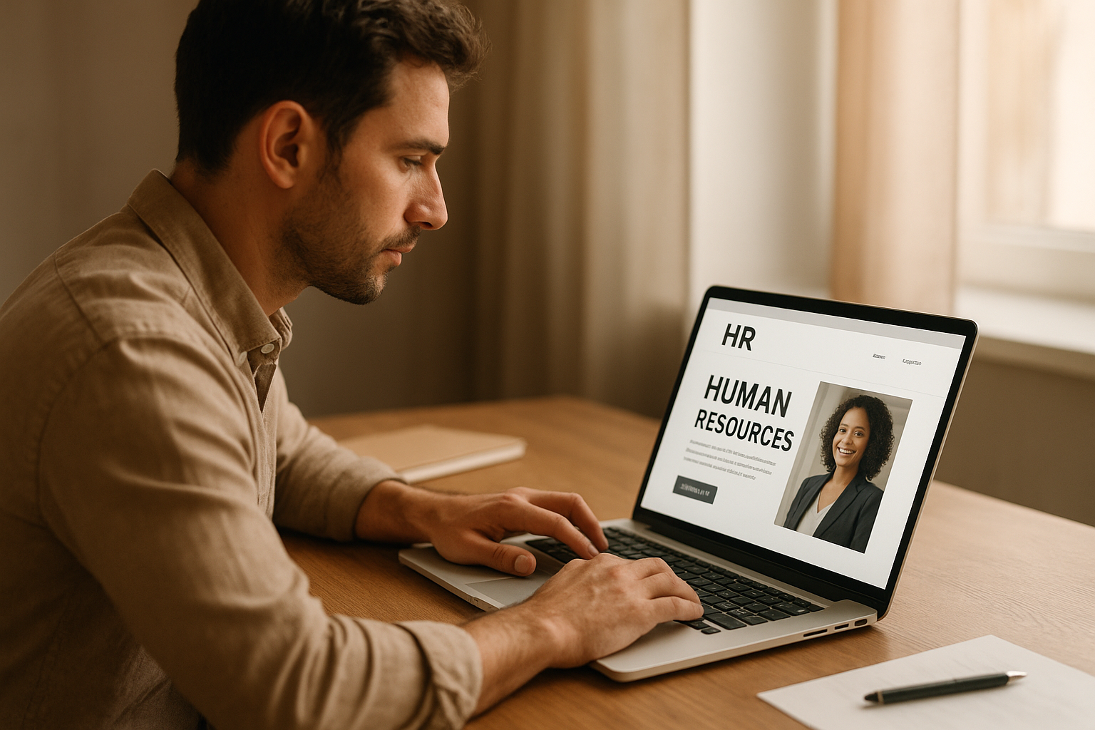Small business owner researching the best HR site on a laptop in a bright office
