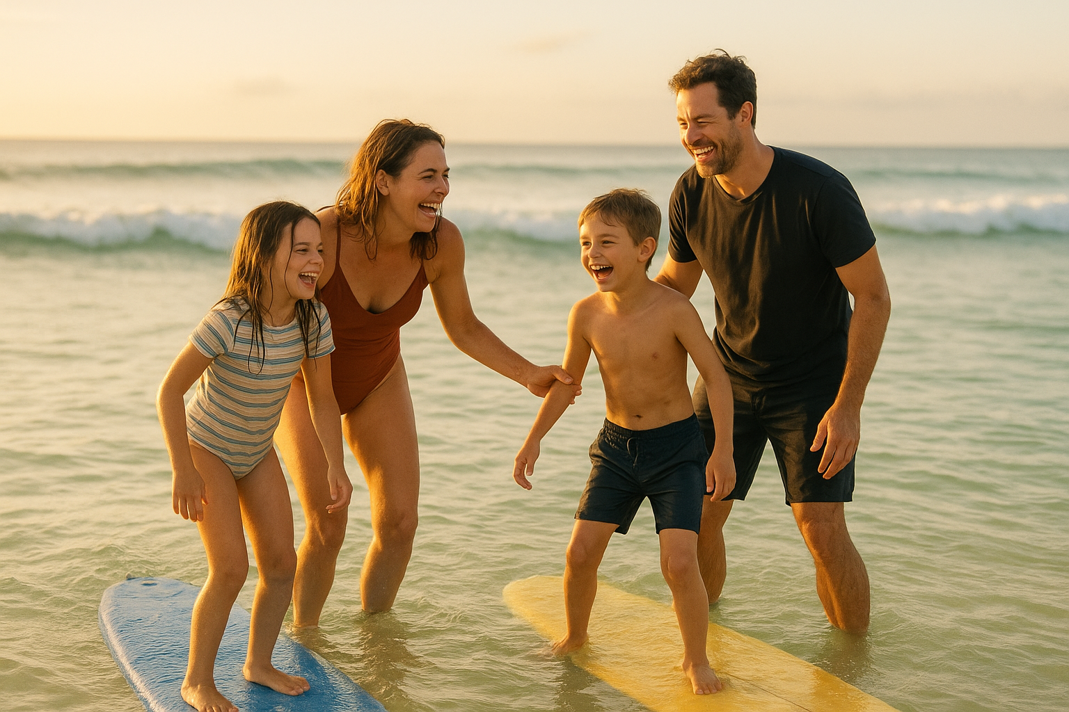 Family surf adventure packages Waikiki lesson with parents and children on longboards near shore