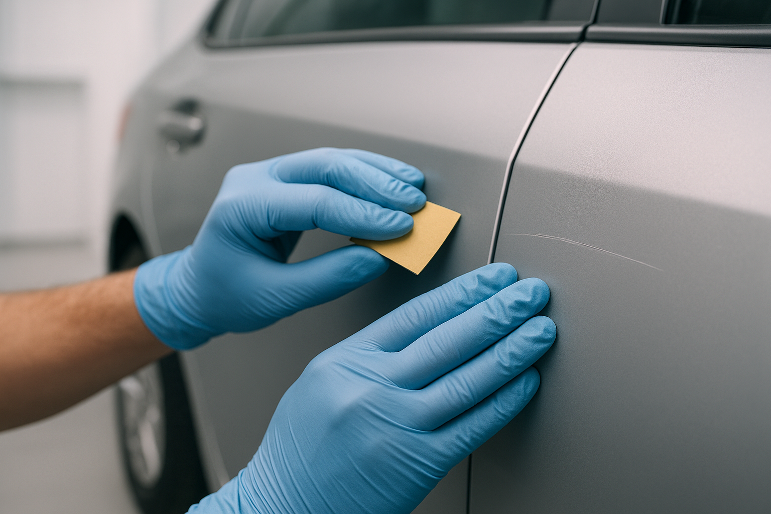 Technician performing precision scratch repair Brea service on a car door panel