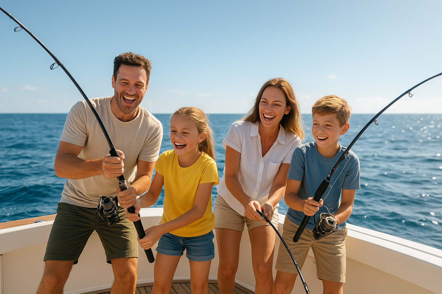 Family fishing together aboard a private charter boat near the coast