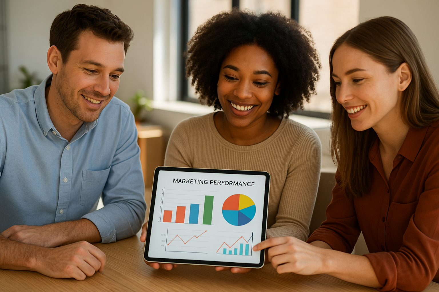 Small business team reviewing results from automated marketing tools