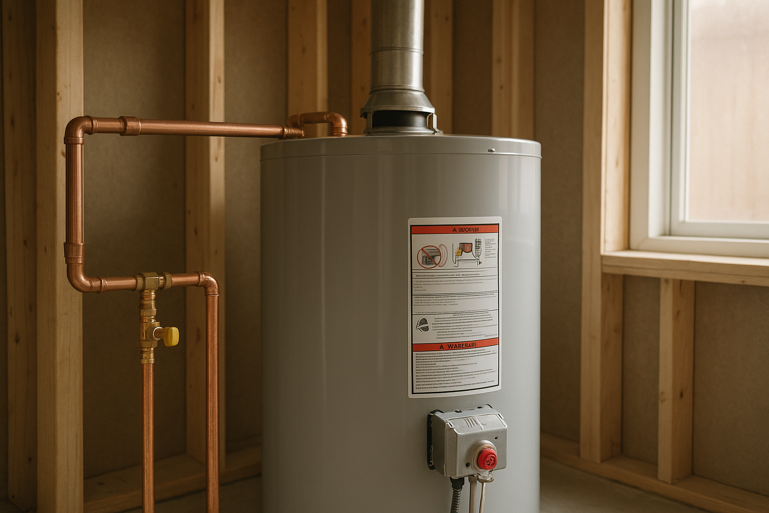 Aec767f8_new-construction-water-heater-install Newly installed gas water heater during a new construction plumbing project