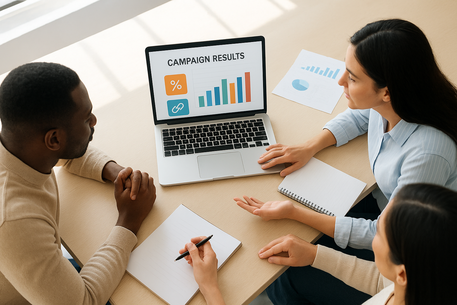 Team reviewing YouTube influencer campaign performance and coupon code tracking results