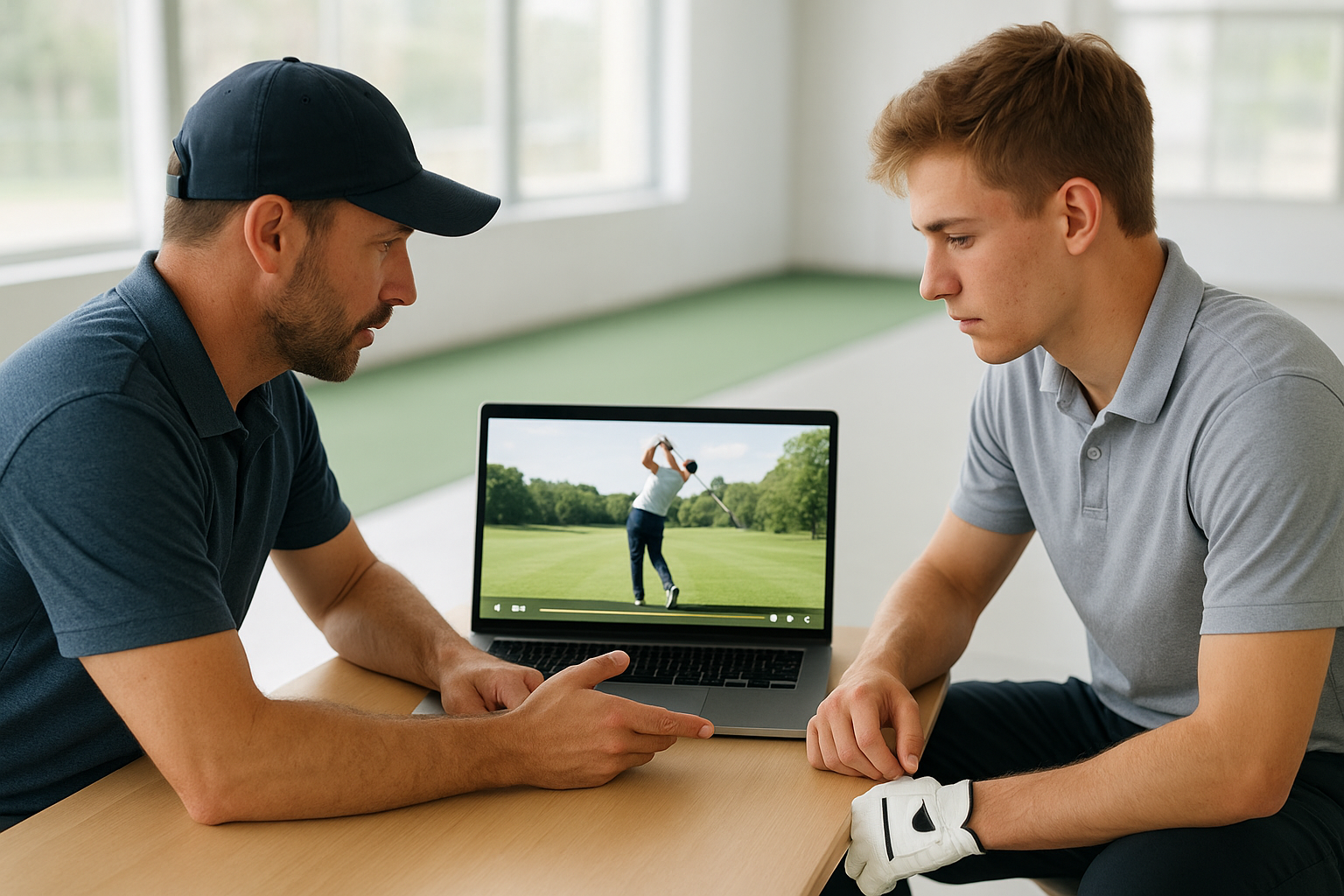 Coach and golfer reviewing swing footage during a professional video analysis session
