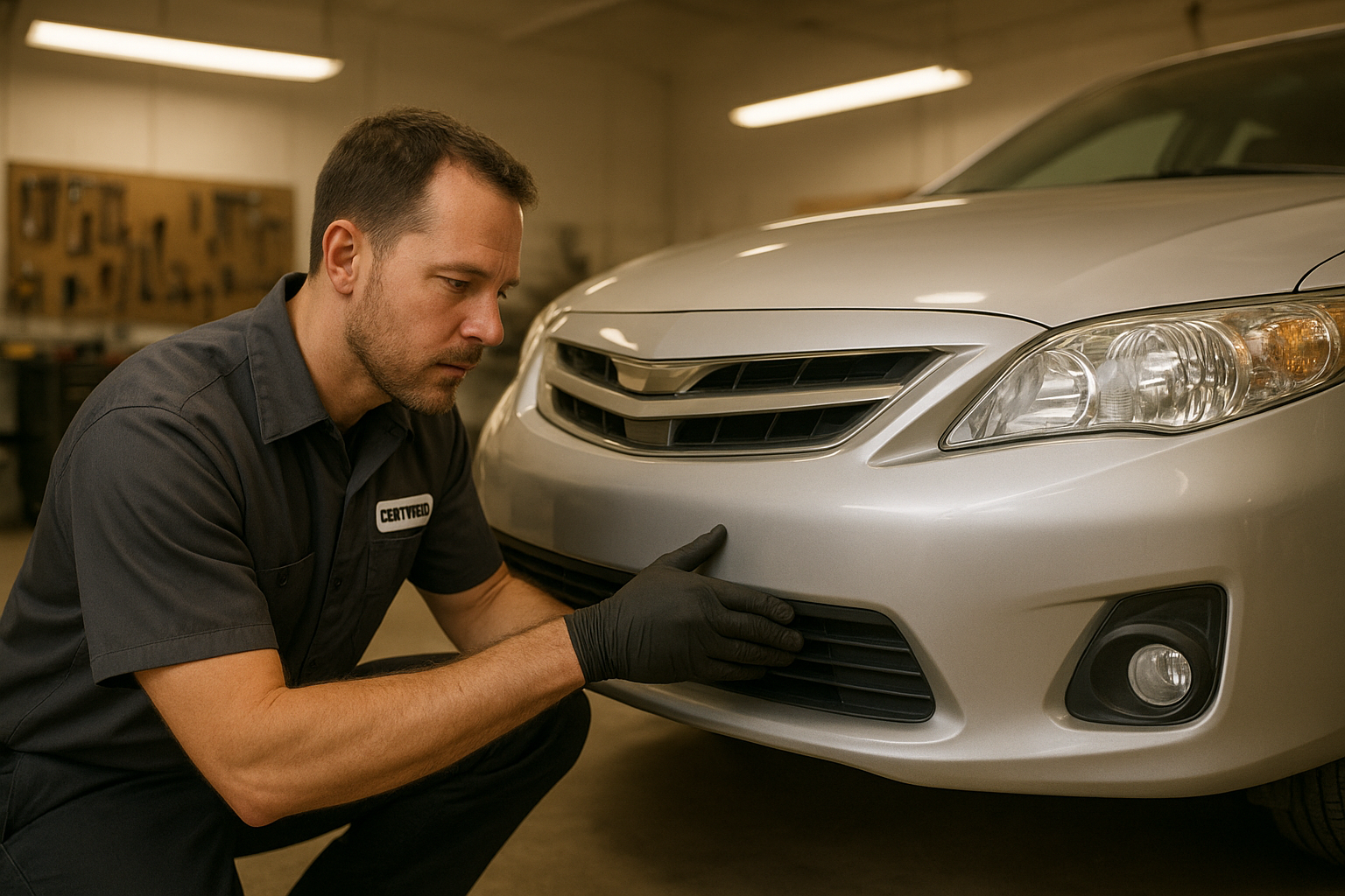 Certified technician performing auto repair in Brea on a silver sedan's front bumper