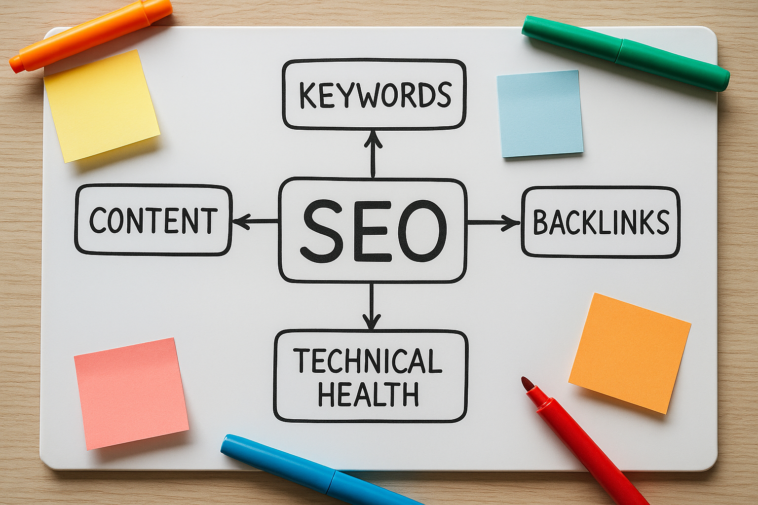 Hand-drawn SEO strategy map on a whiteboard connecting keywords, content, and backlinks