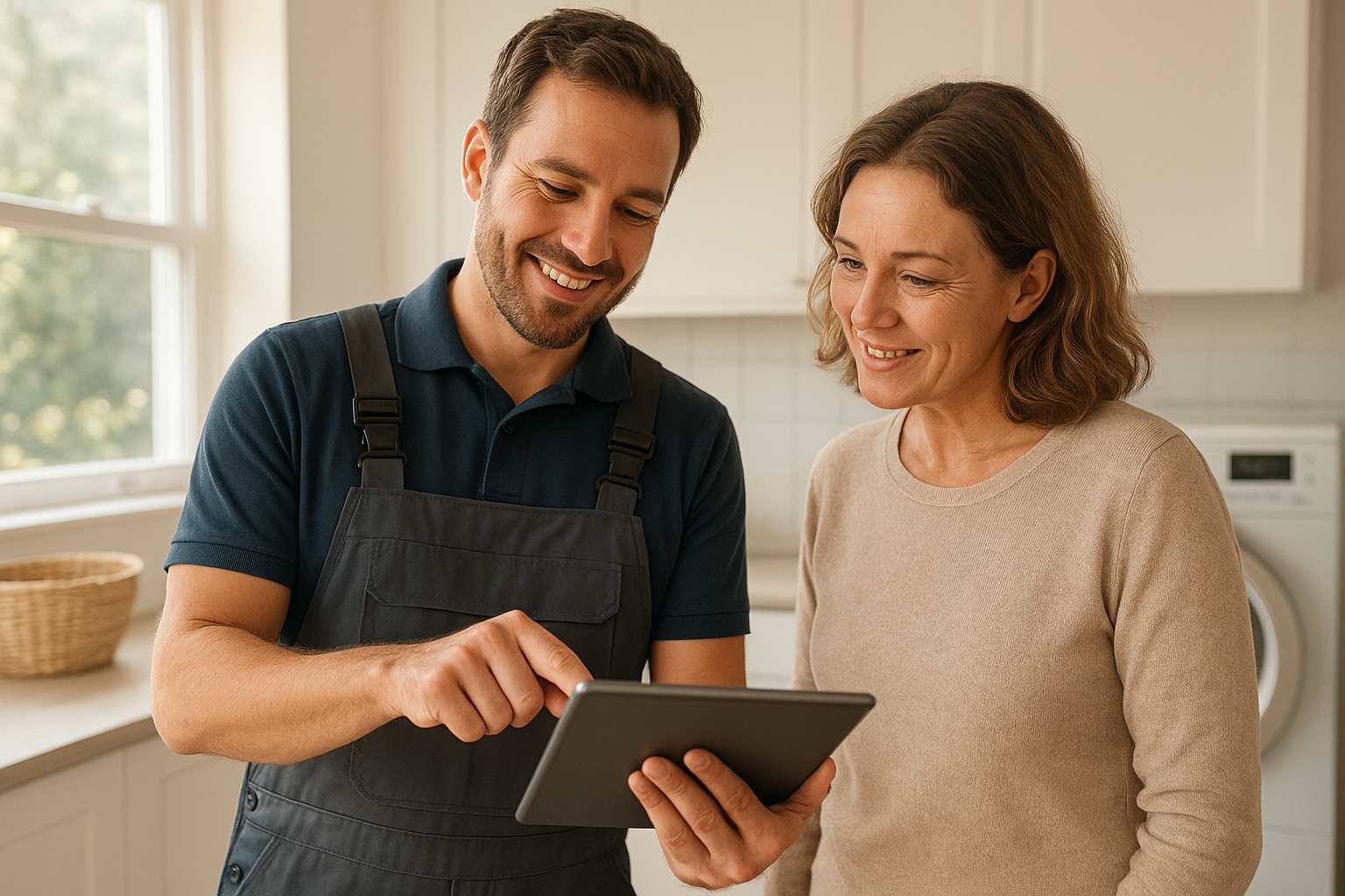 Technician reviewing repair estimate with homeowner after online appliance repair booking