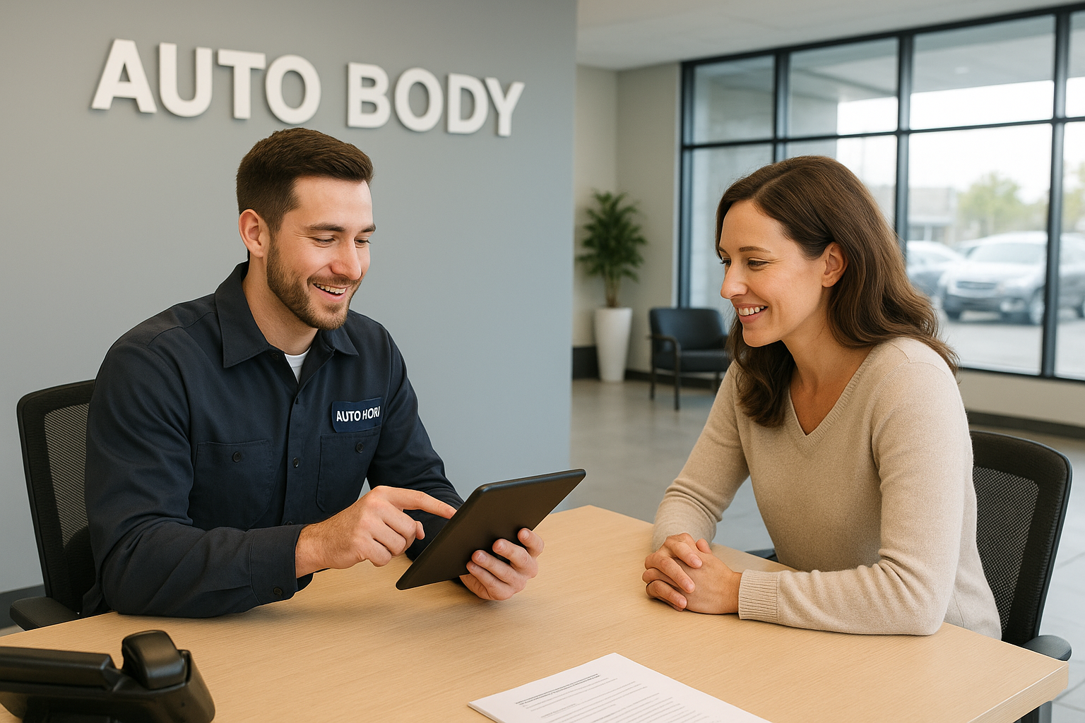 Service advisor reviewing a bridge auto body repair estimate with a customer in a modern shop