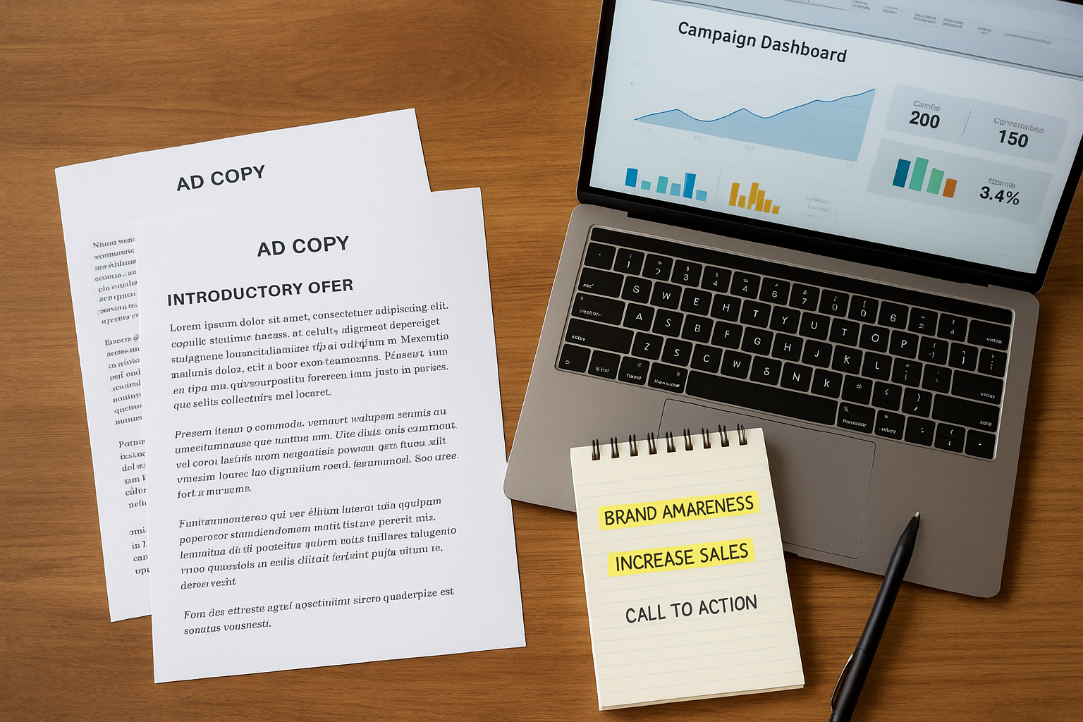 Flat lay of finished HVAC marketing campaign templates and ad copy printouts on a desk