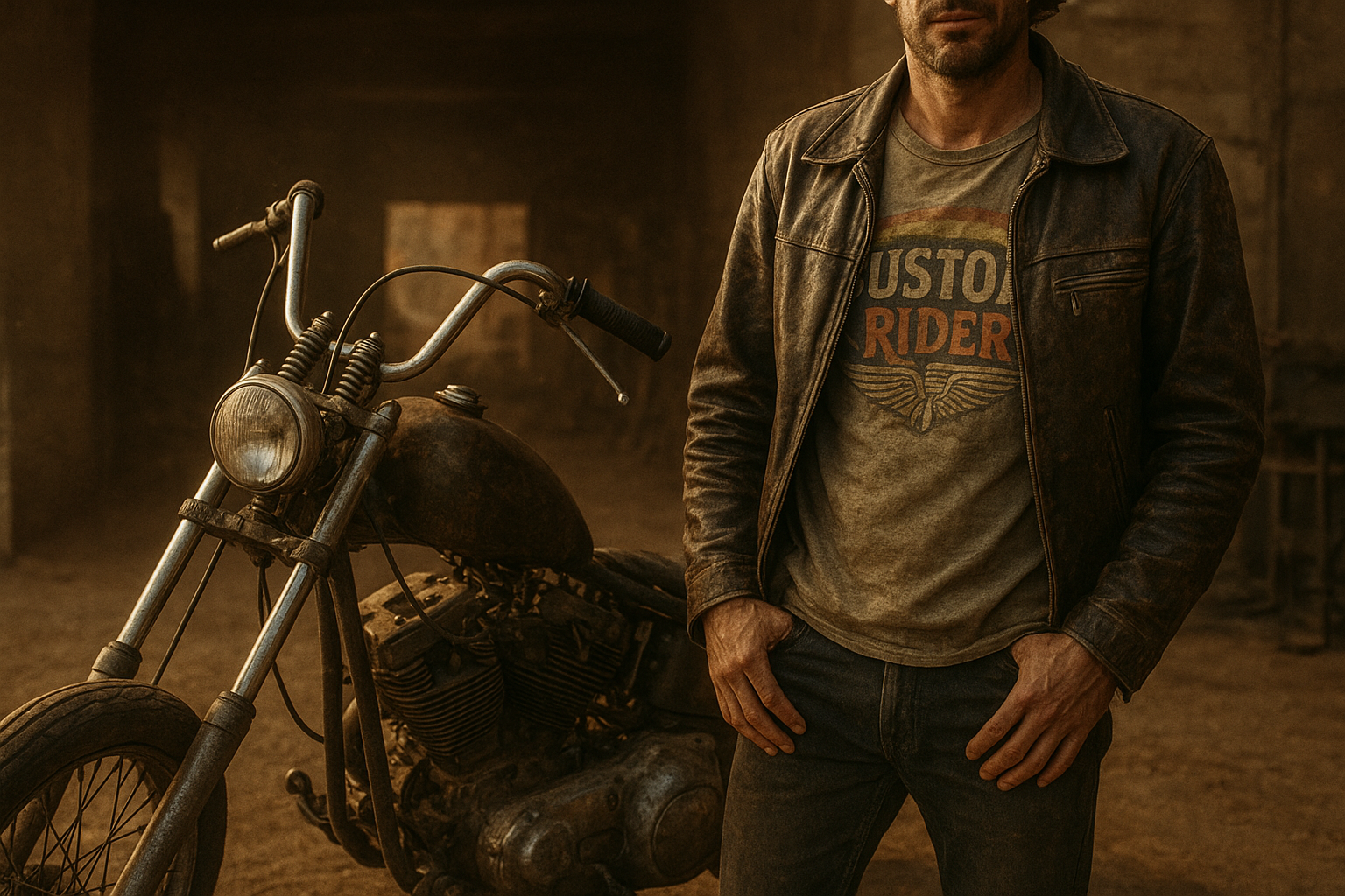 Rider wearing vintage-style motorcycle culture shirts near a classic chopper in a garage