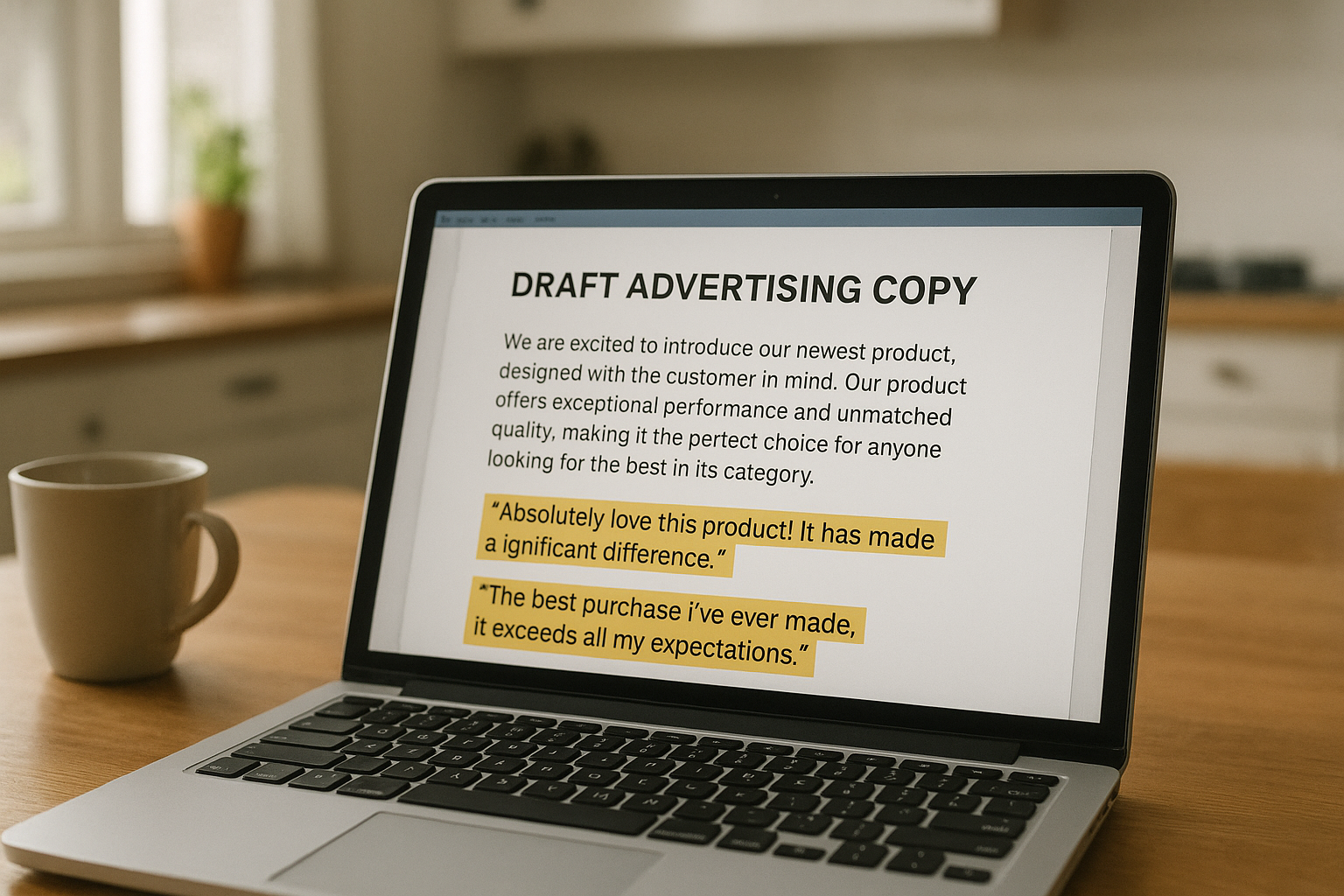 Laptop screen showing campaign ad copy drafted from competitor review quotes