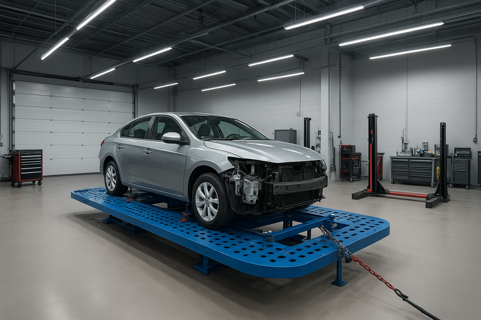 Modern auto body shop interior with vehicle on frame straightening rack and professional repair equipment