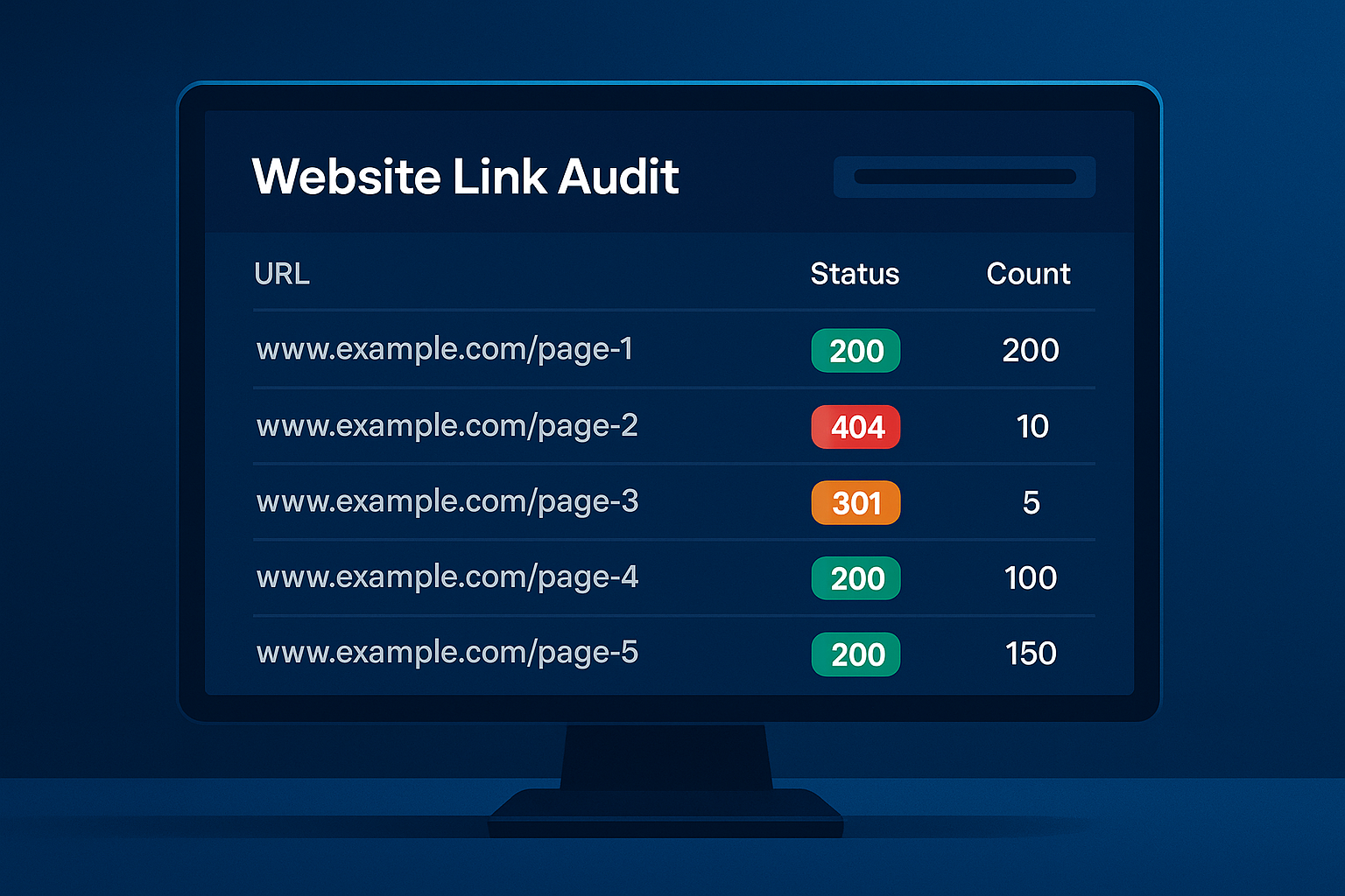 Dead links finder dashboard showing website broken link audit results with HTTP status codes