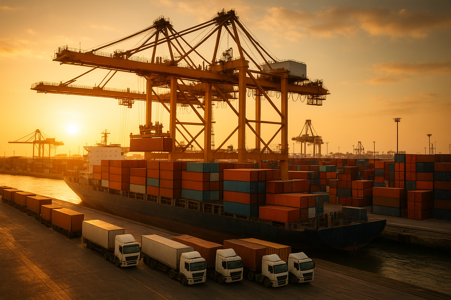 Gantry cranes unloading harbour freight containers at a busy seaport terminal