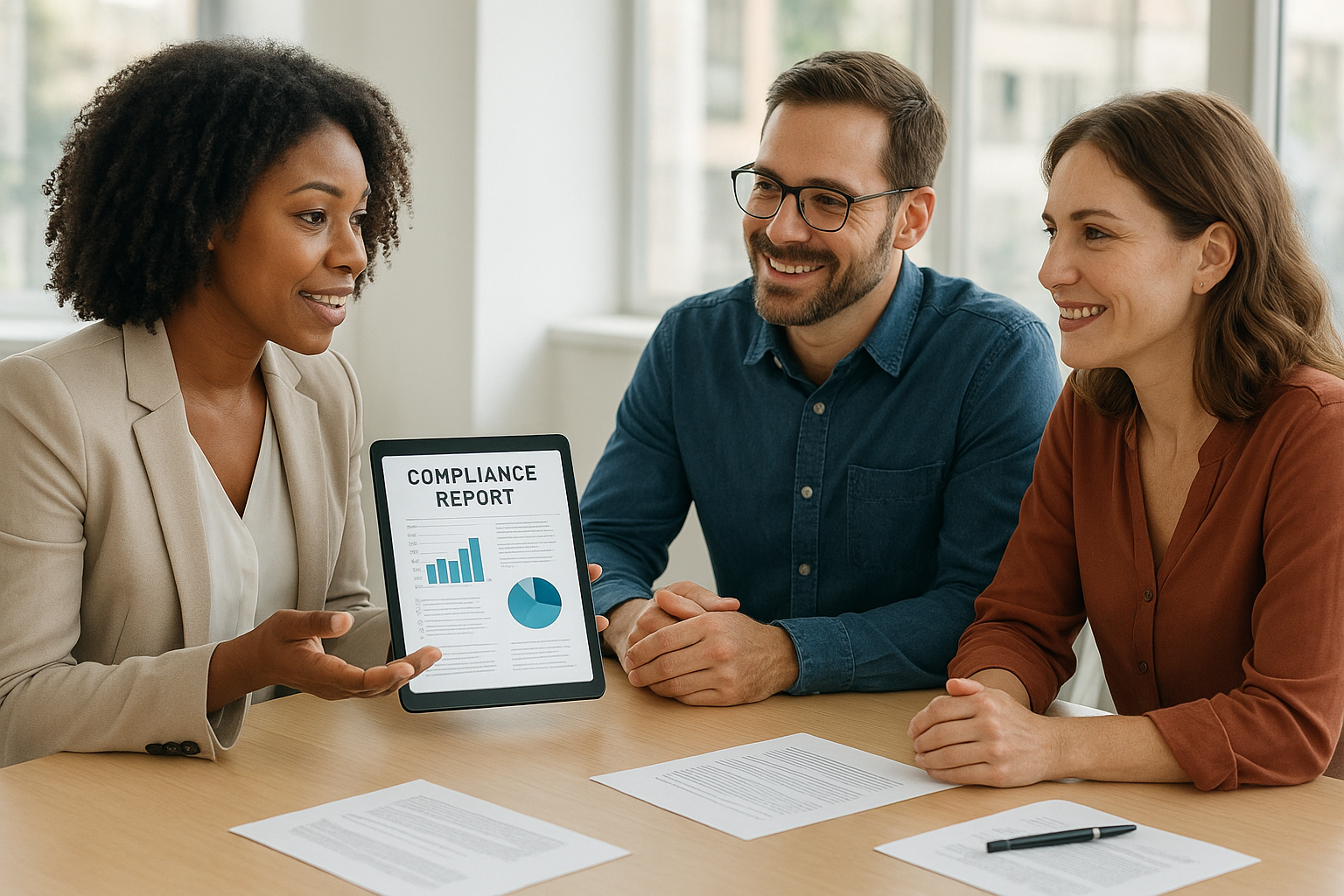 Outsourced HR consultant discussing compliance monitoring services results with small business owners