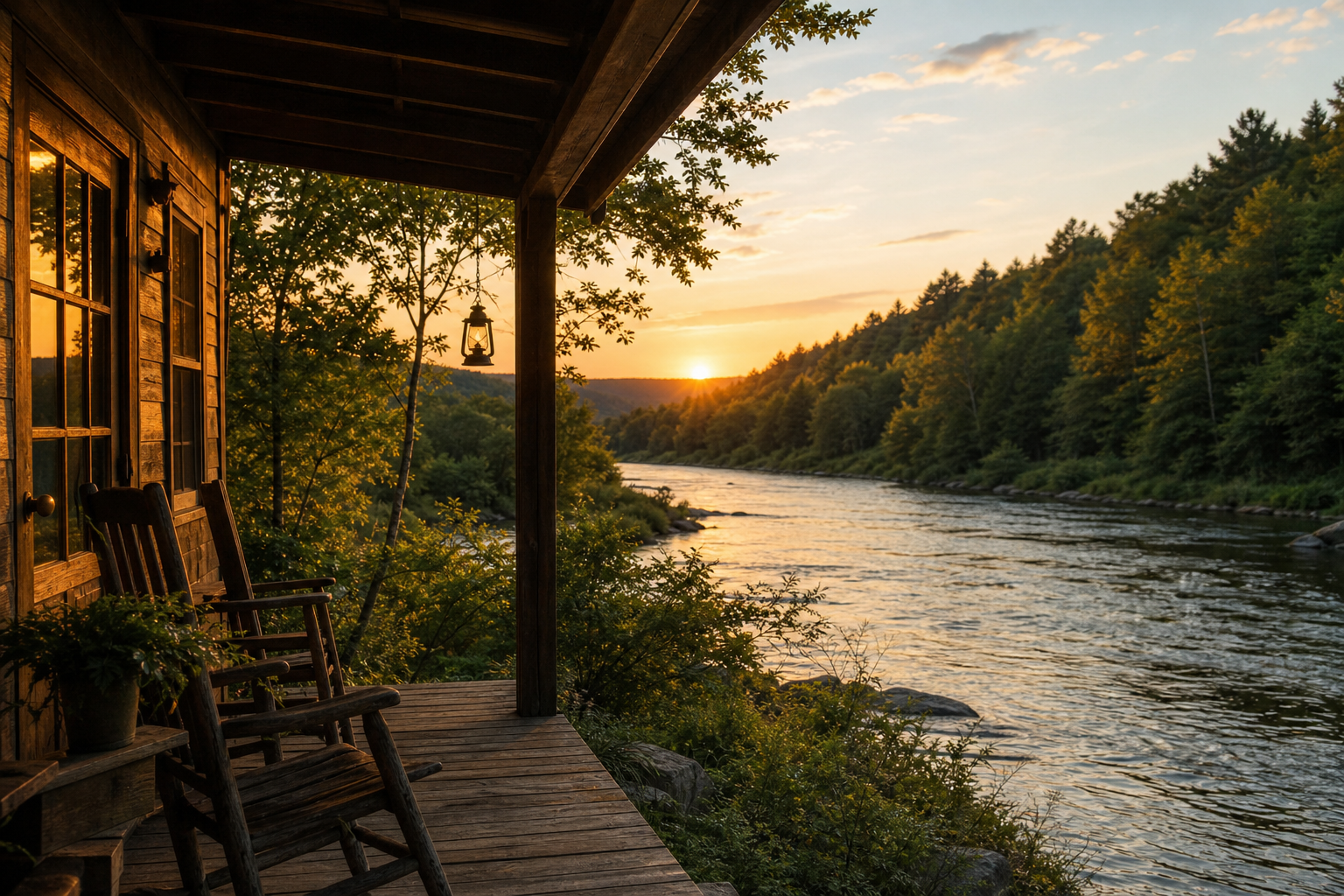 Rustic riverside cabin porch overlooking the water at sunset near a campground