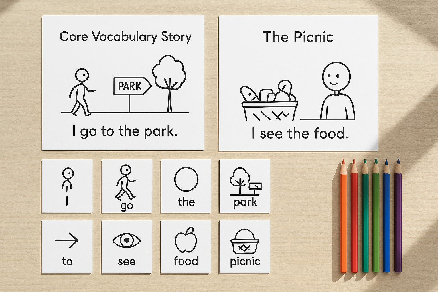 Printed core vocabulary stories and picture symbol cards arranged on a desk for a therapy session