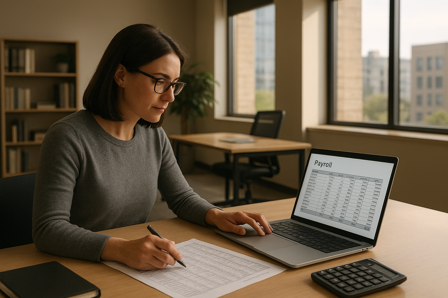 Bookkeeper at a Minneapolis office reviewing payroll records for one of several payroll companies MN businesses use