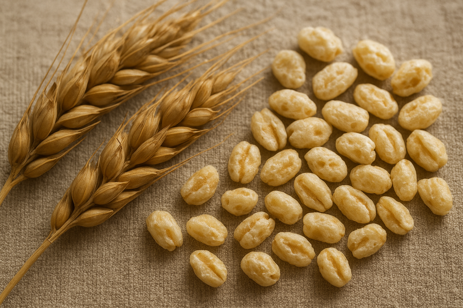 Ancient Khorasan wheat grains alongside gently puffed grain kernels