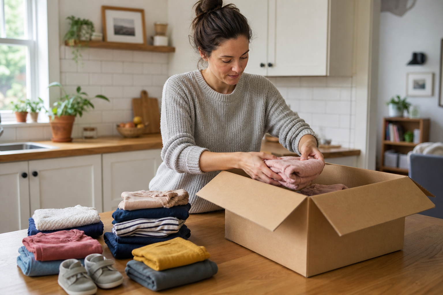 Parent folding gently used kids clothing into a return shipping box