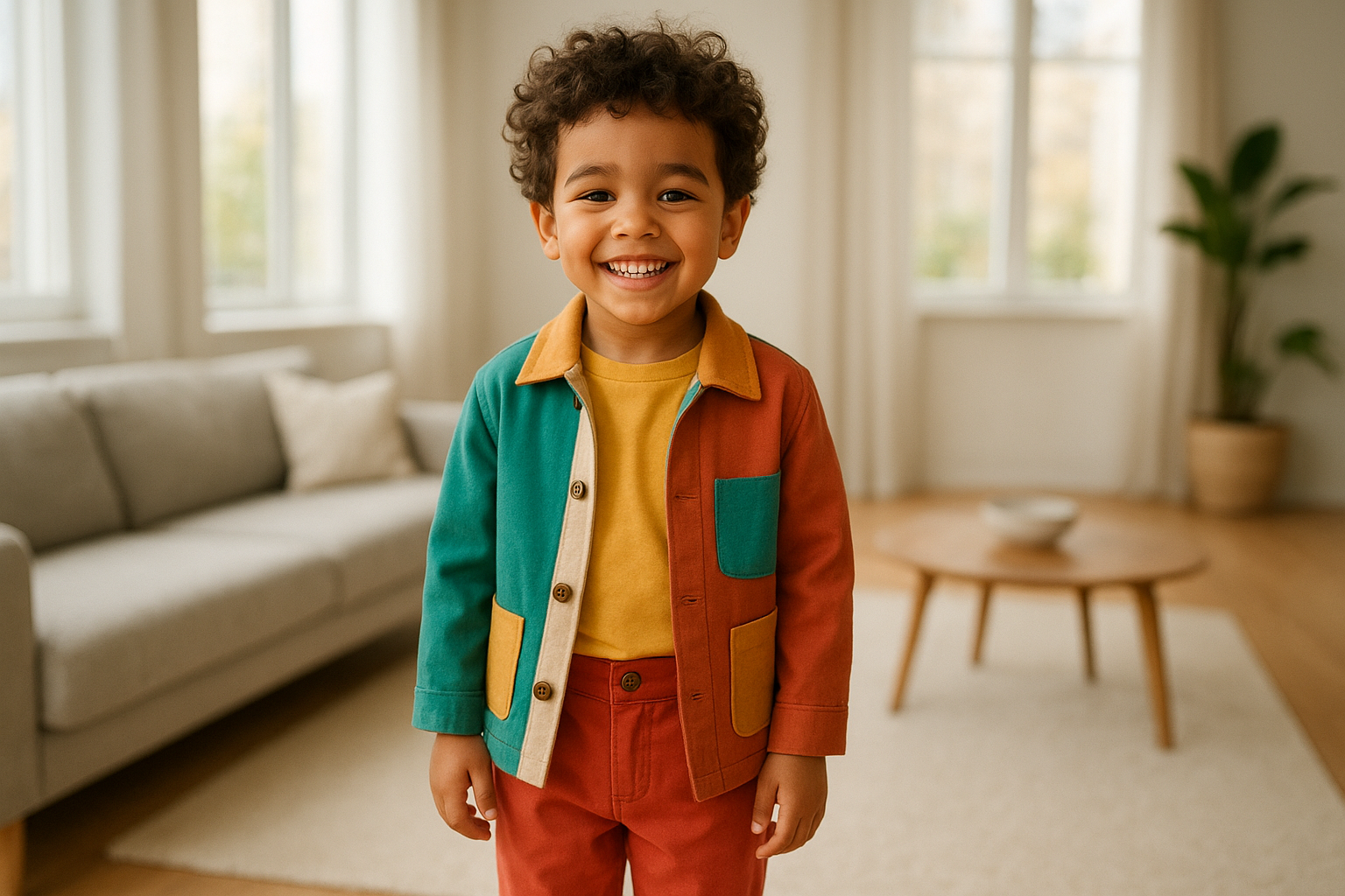 Happy child wearing premium clothing from a kids clothing rental subscription service